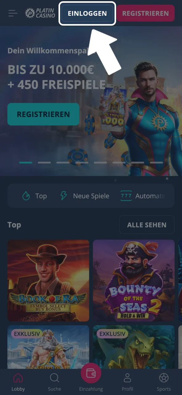 Platin Casino Login tippen und E-Mail sowie Passwort eingeben.
