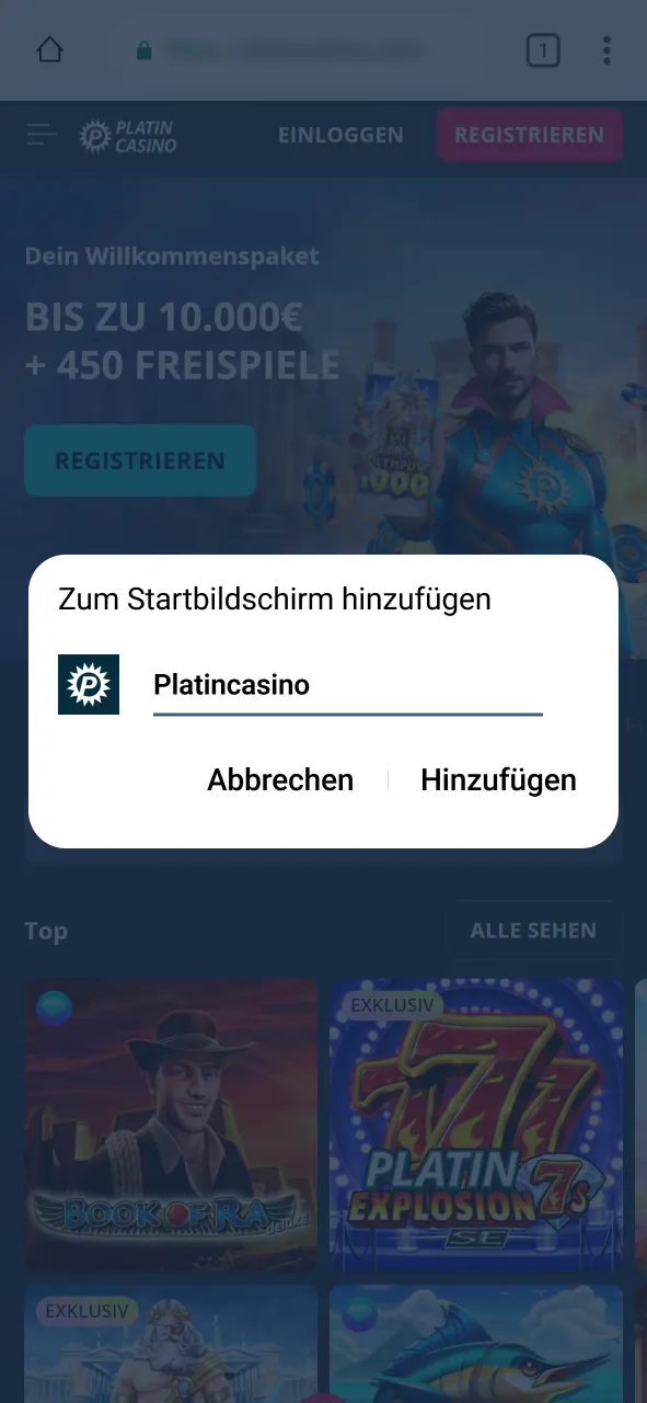 Bestätige Installation der Platincasino App und beginne sofort zu spielen.