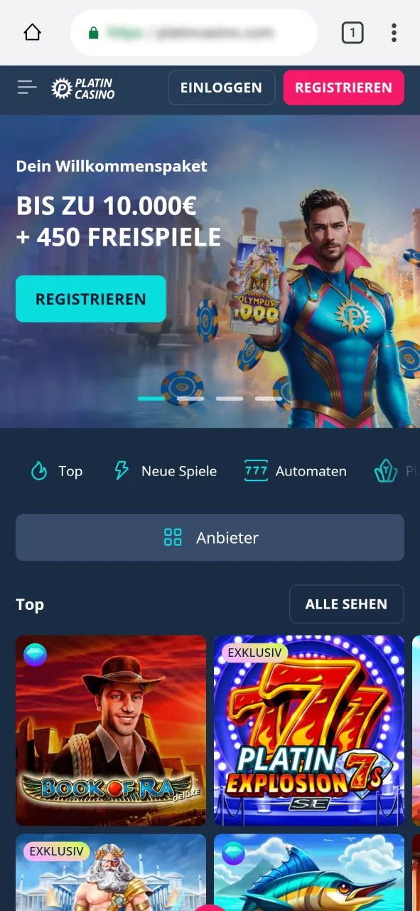Öffne Platincasino Website und starte den Installationsprozess im Browser.