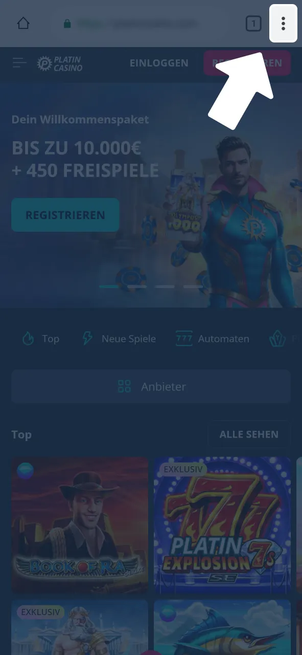 Öffne Menü für Aviator bei Platincasino und wähle Installationsoption.