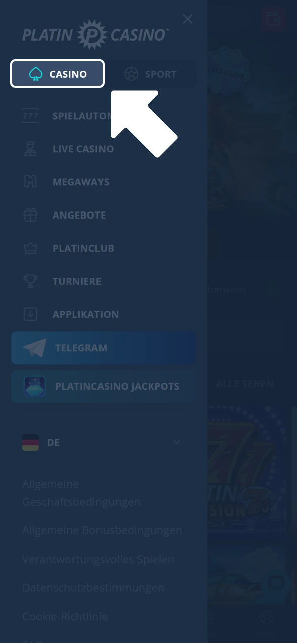 Öffne Casino Bereich bei Platincasino und finde Live Spiele.