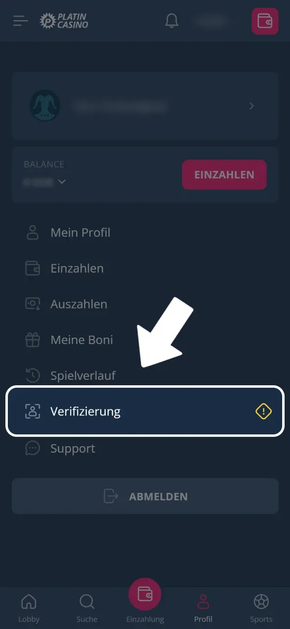 Wähle Verifizierungsbereich bei Platincasino und bestätige deine Daten.